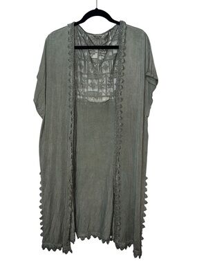 POL Clothing Boho Washed Olive Lace Back Embroidered Duster Kimono  Size Large